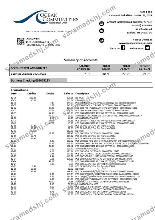 USA Maine Ocean Communities Federal Credit Union bank statement, 3 pages